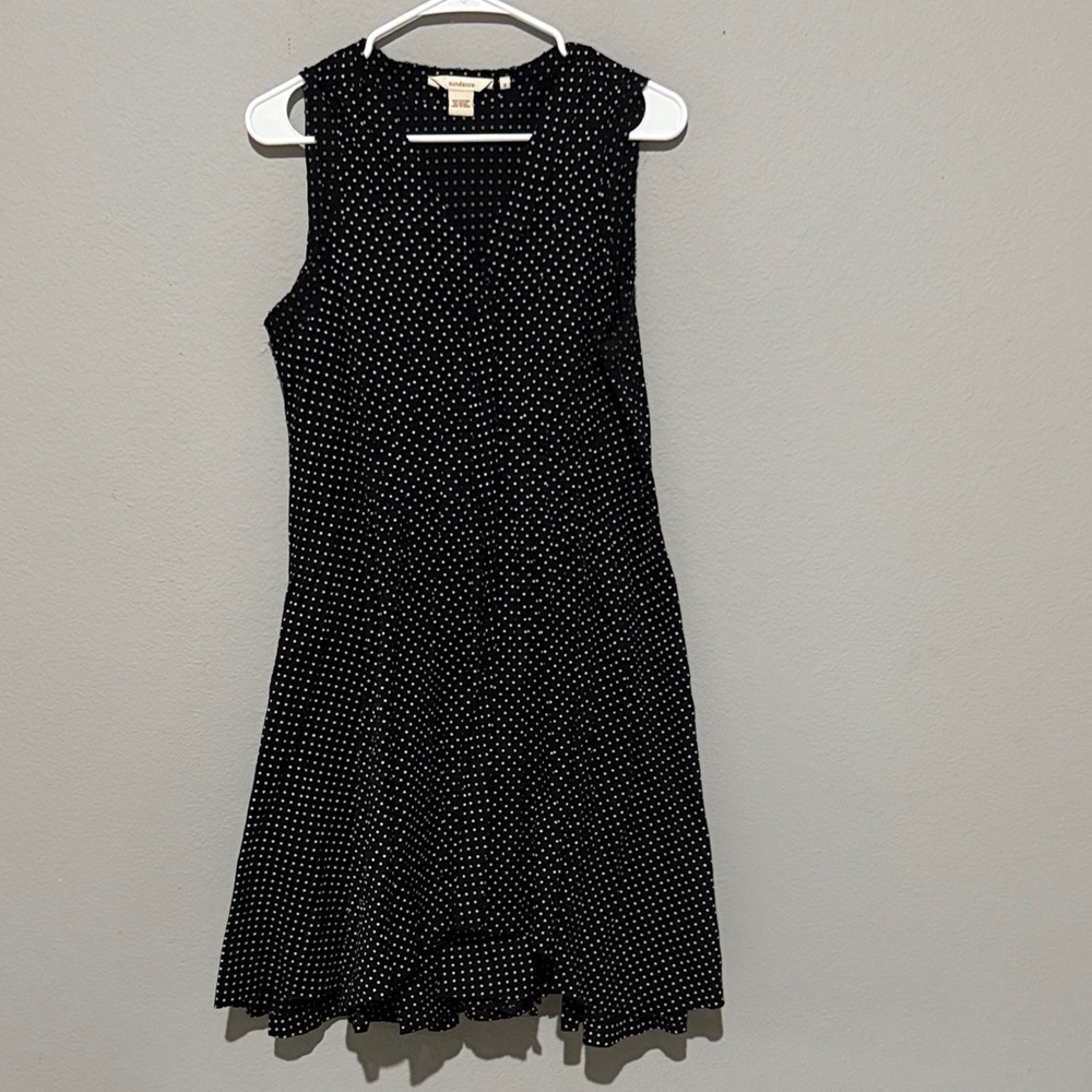 Sundance Black and White Polka Dot Midi Dress handkerchief hem